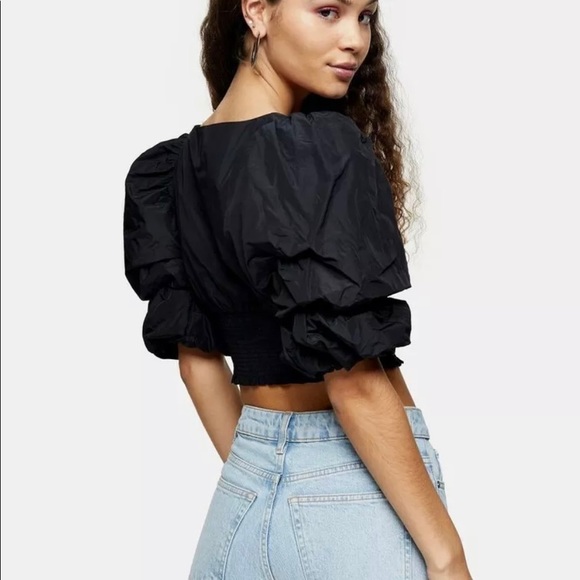 NWT TOPSHOP Black Puff Sleeve Taffeta Cropped Blouse Black Sz 8/10 - Picture 2 of 5